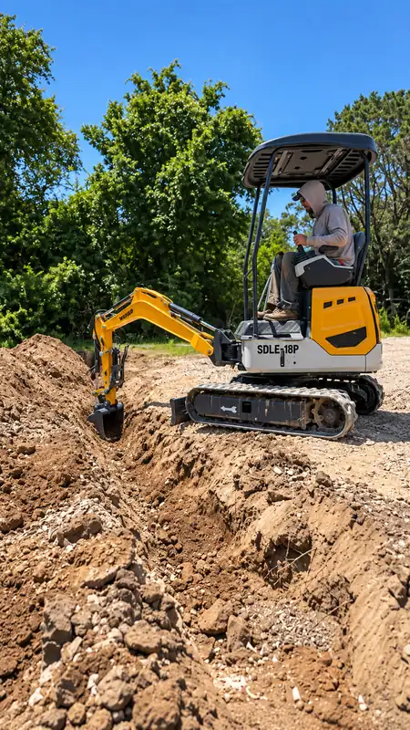 SDLANCH SDLE18P mini excavator side view at a trenching job